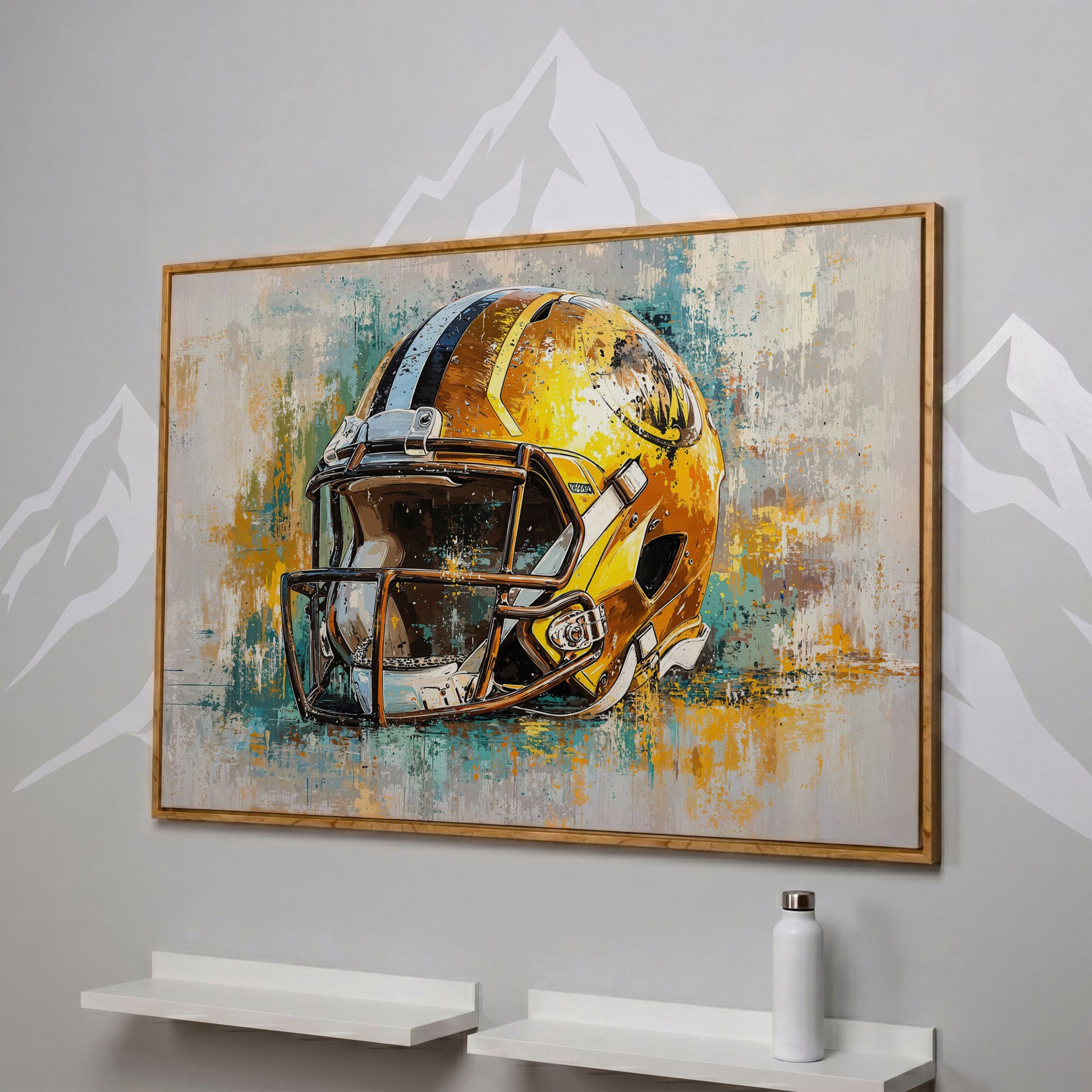 Gold & Teal Football Helmet Canvas Print in white oak floating frame