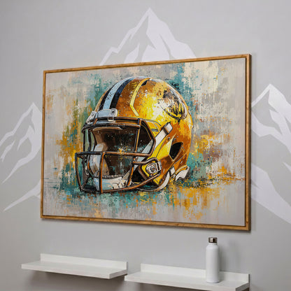 Gold & Teal Football Helmet Canvas Print in white oak floating frame