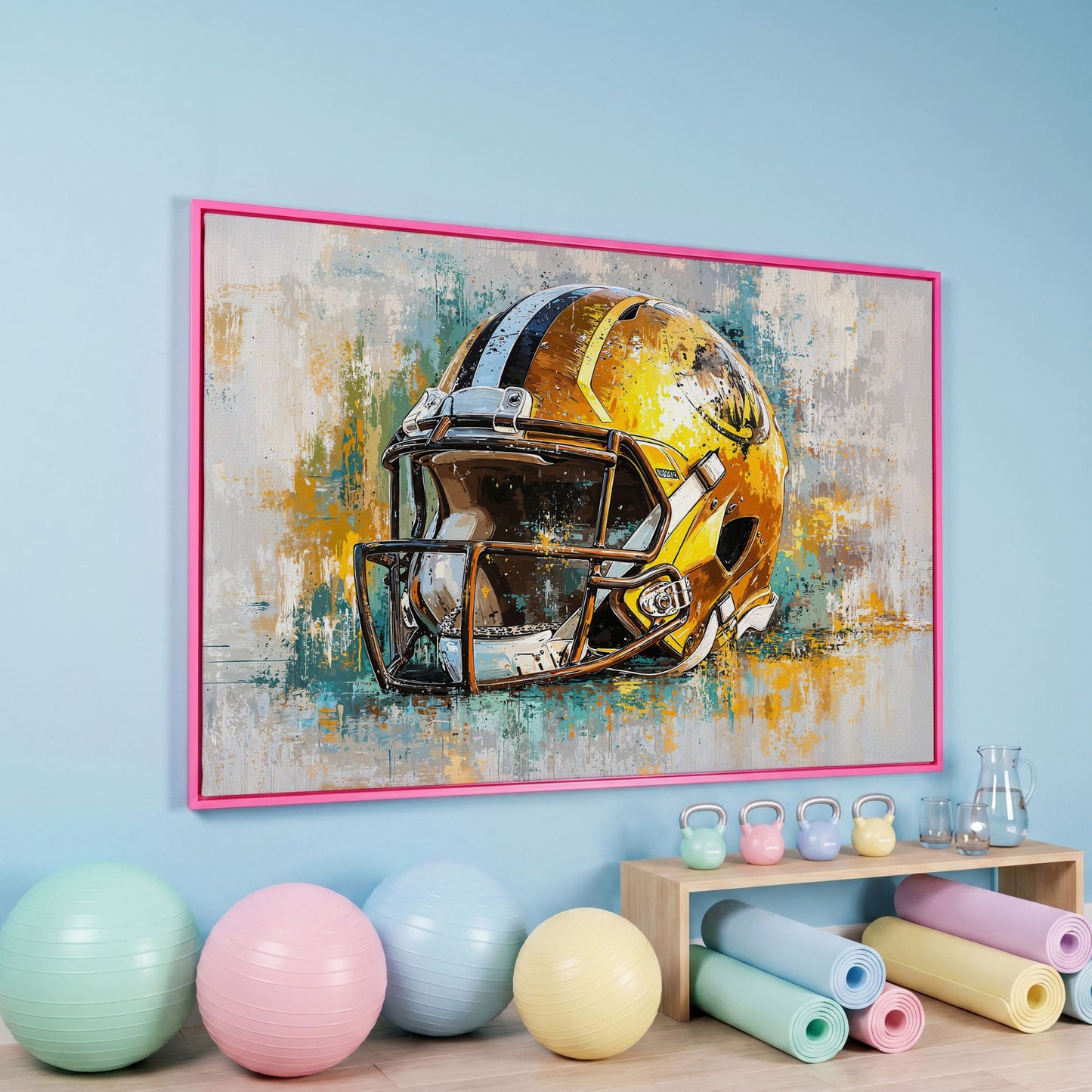 Gold & Teal Football Helmet Canvas Print in pink floating frame