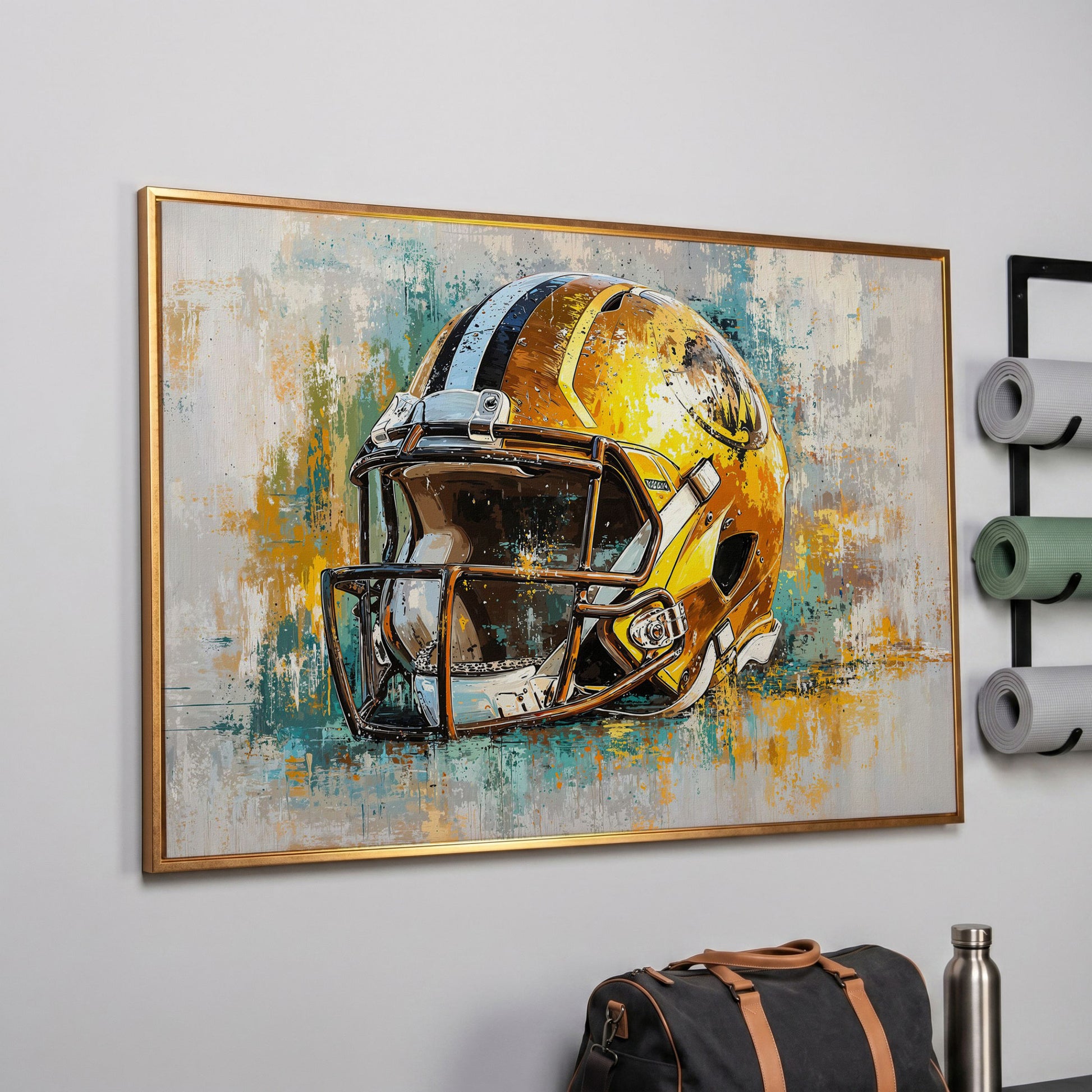 Gold & Teal Football Helmet Canvas Print in rose gold floating frame