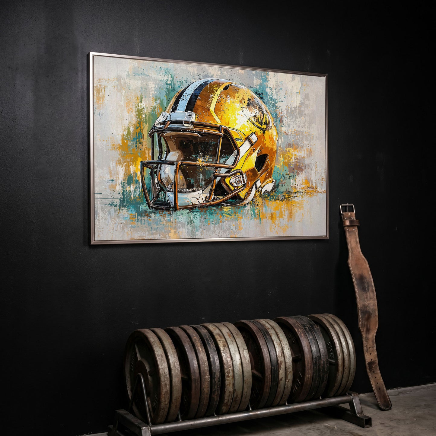 Gold & Teal Football Helmet Canvas Print in silver floating frame