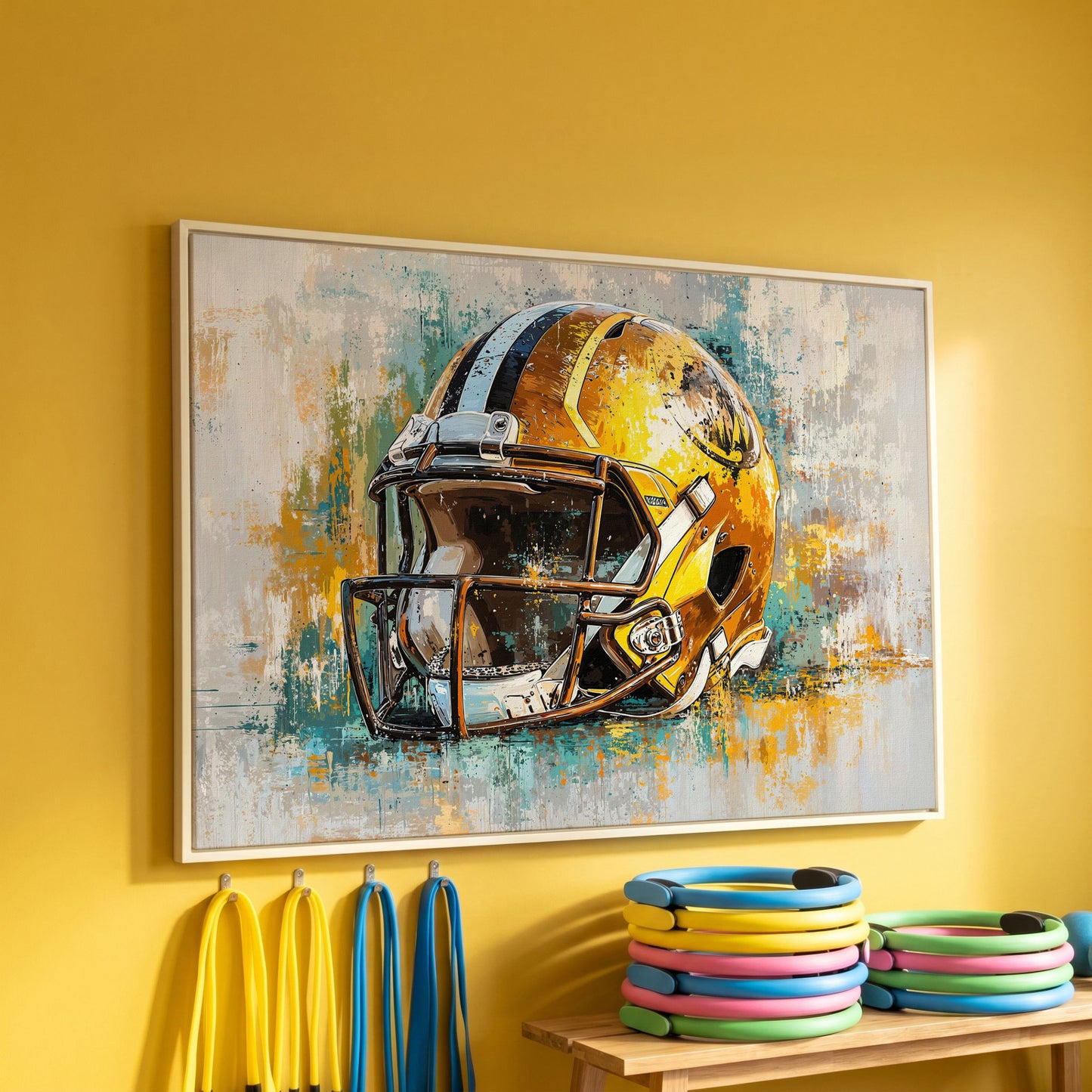 Gold & Teal Football Helmet Canvas Print in white floating frame