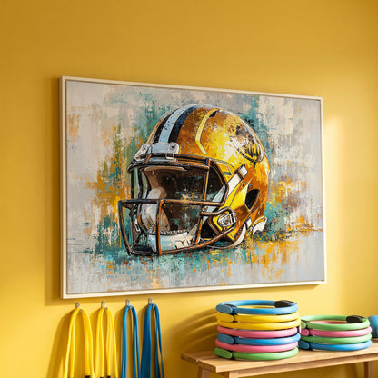 Gold & Teal Football Helmet Canvas Print in white floating frame
