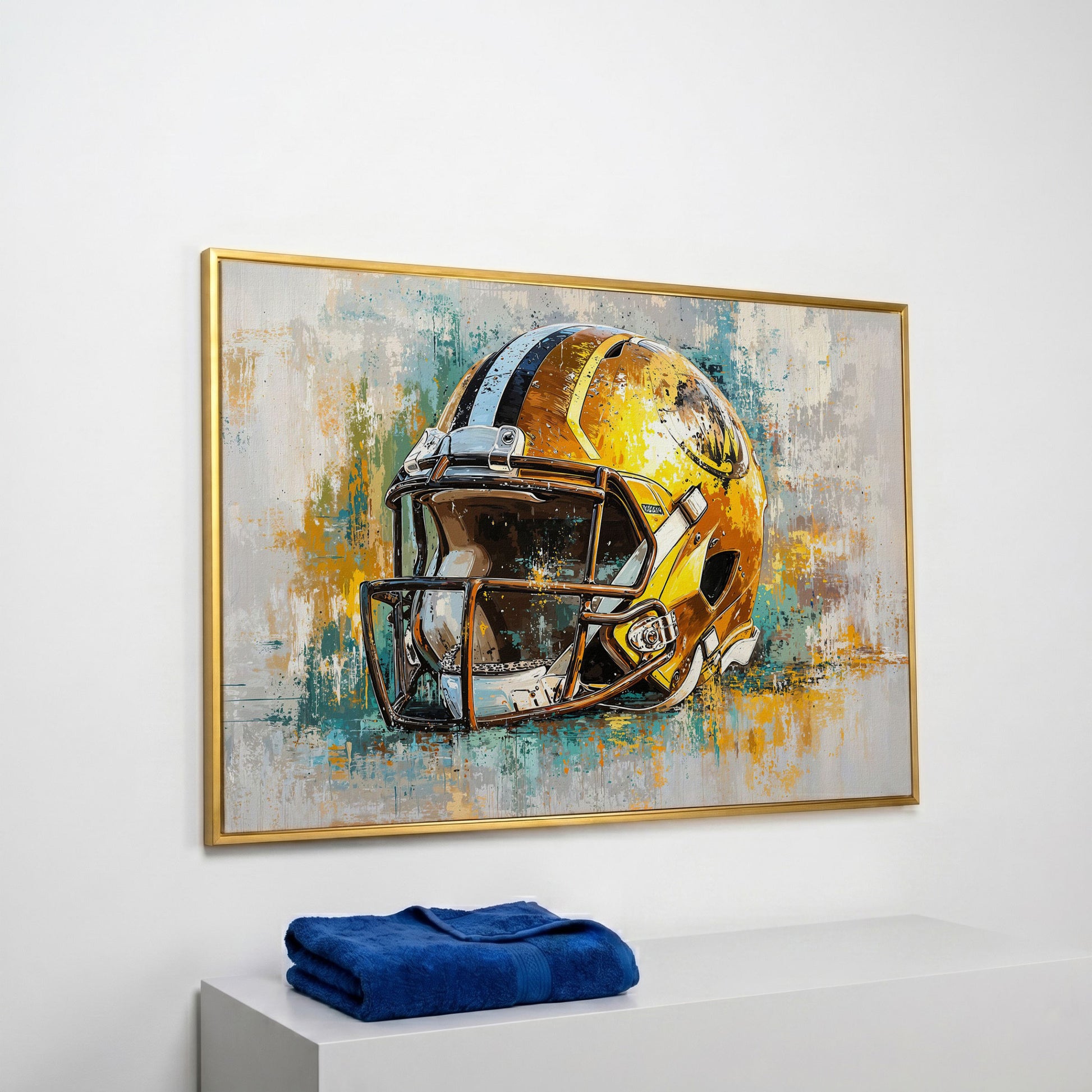 Gold & Teal Football Helmet Canvas Print in yellow gold floating frame