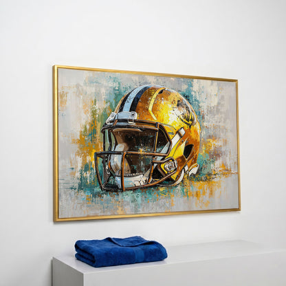 Gold & Teal Football Helmet Canvas Print in yellow gold floating frame