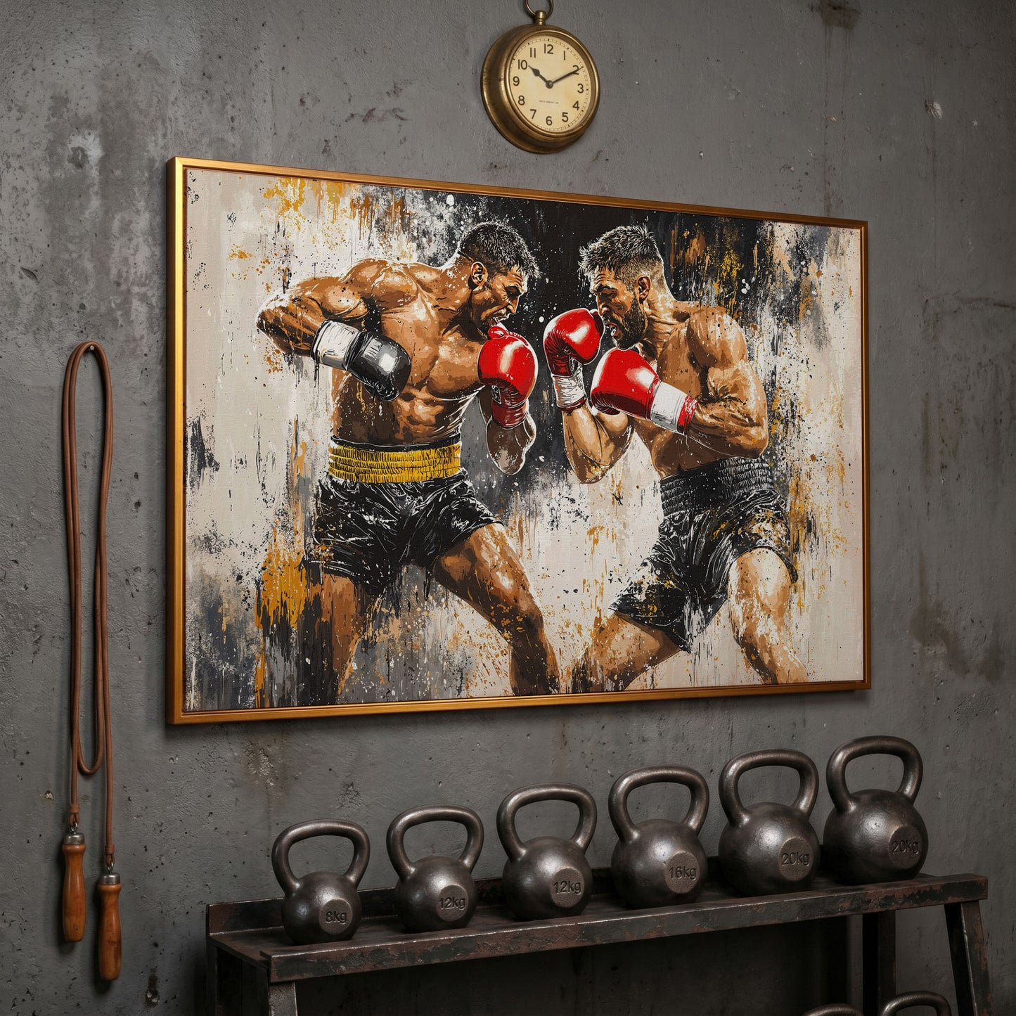 Boxing Match Canvas. Two Fighters in Dynamic Tension in antique gold floating frame