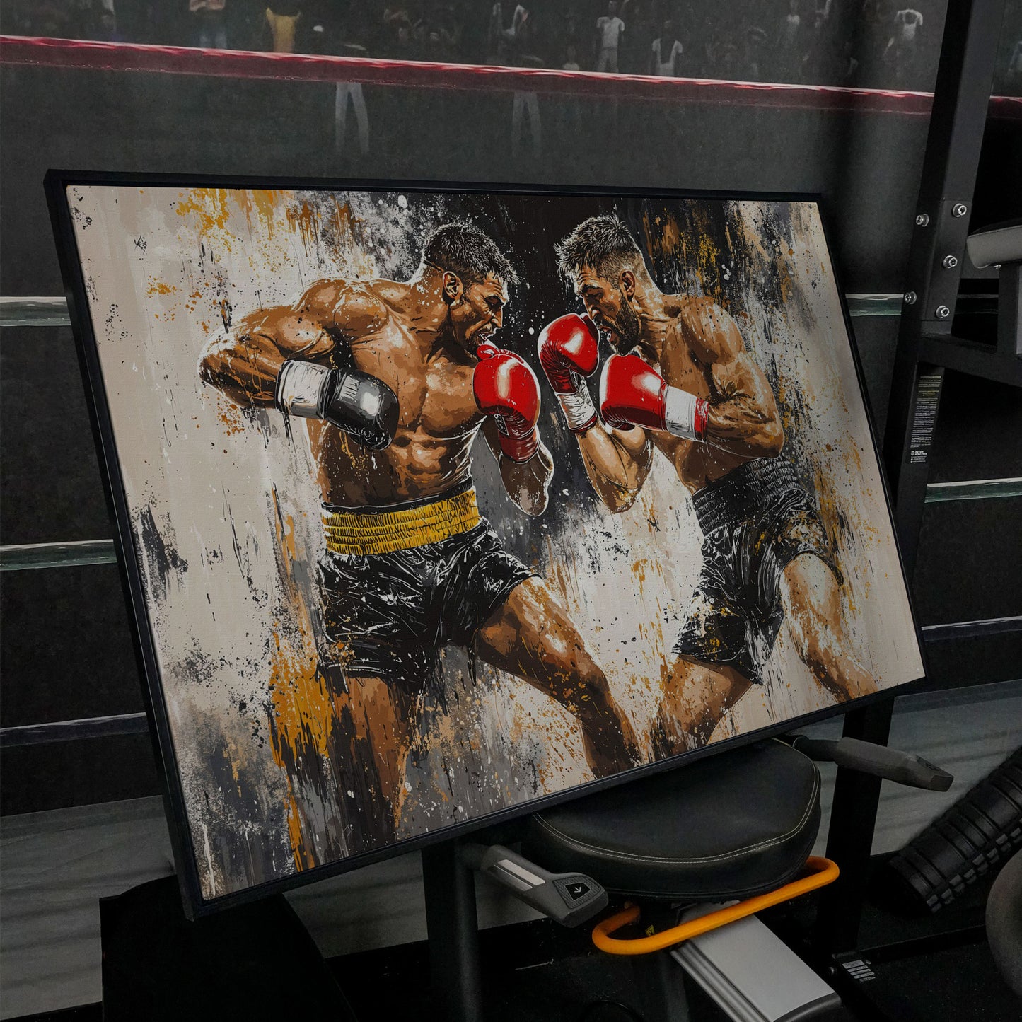Boxing Match Canvas. Two Fighters in Dynamic Tension in black floating frame