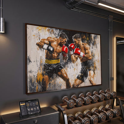 Boxing Match Canvas. Two Fighters in Dynamic Tension in dark walnut floating frame