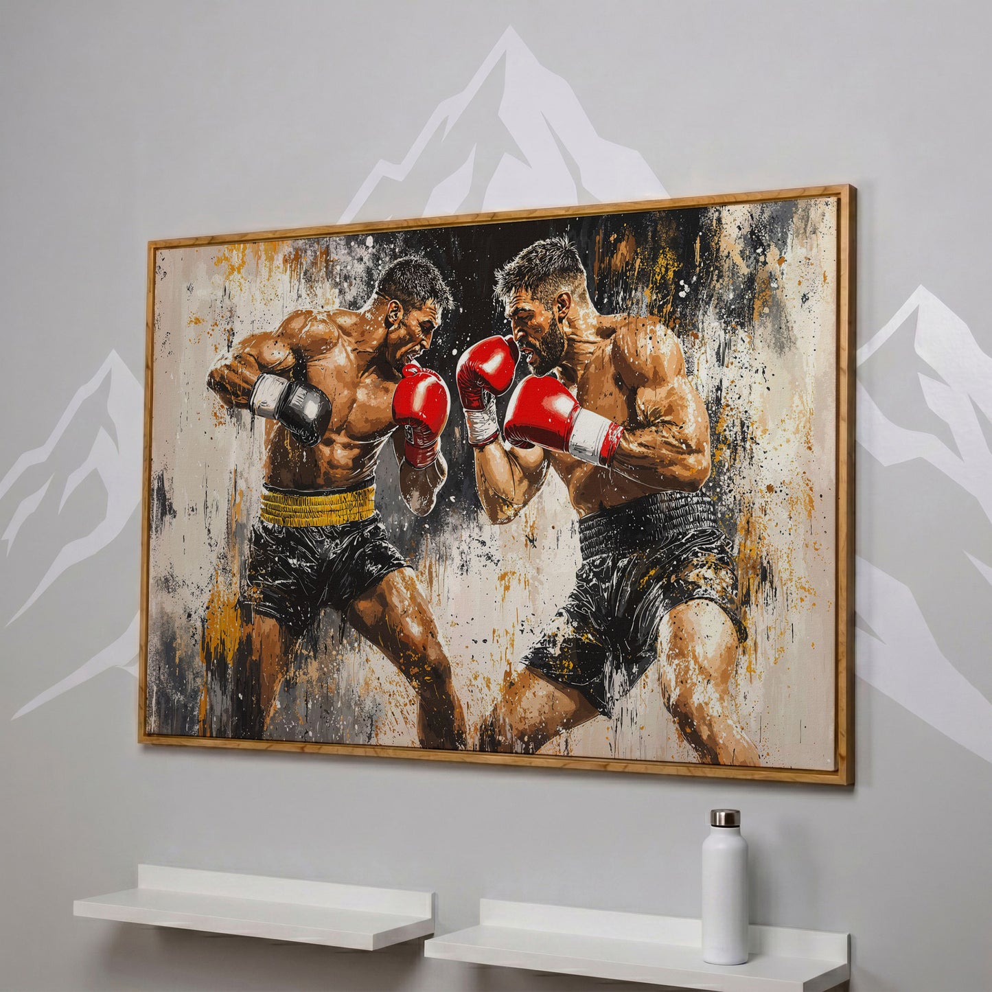 Boxing Match Canvas. Two Fighters in Dynamic Tension in white oak floating frame