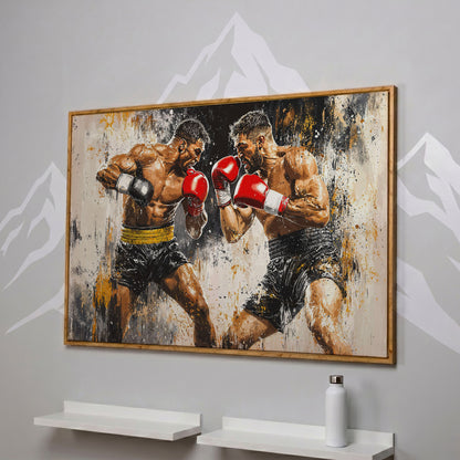 Boxing Match Canvas. Two Fighters in Dynamic Tension in white oak floating frame