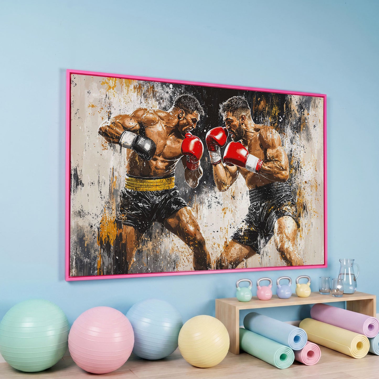 Boxing Match Canvas. Two Fighters in Dynamic Tension in pink floating frame