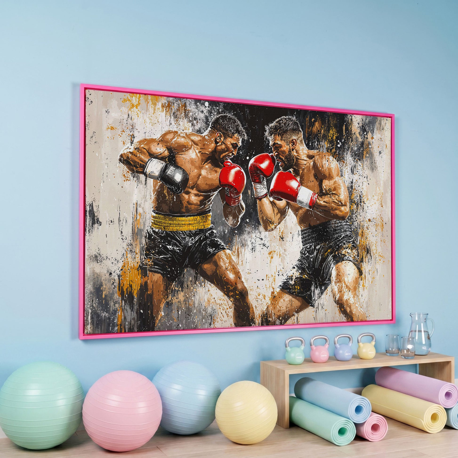 Boxing Match Canvas. Two Fighters in Dynamic Tension in pink floating frame