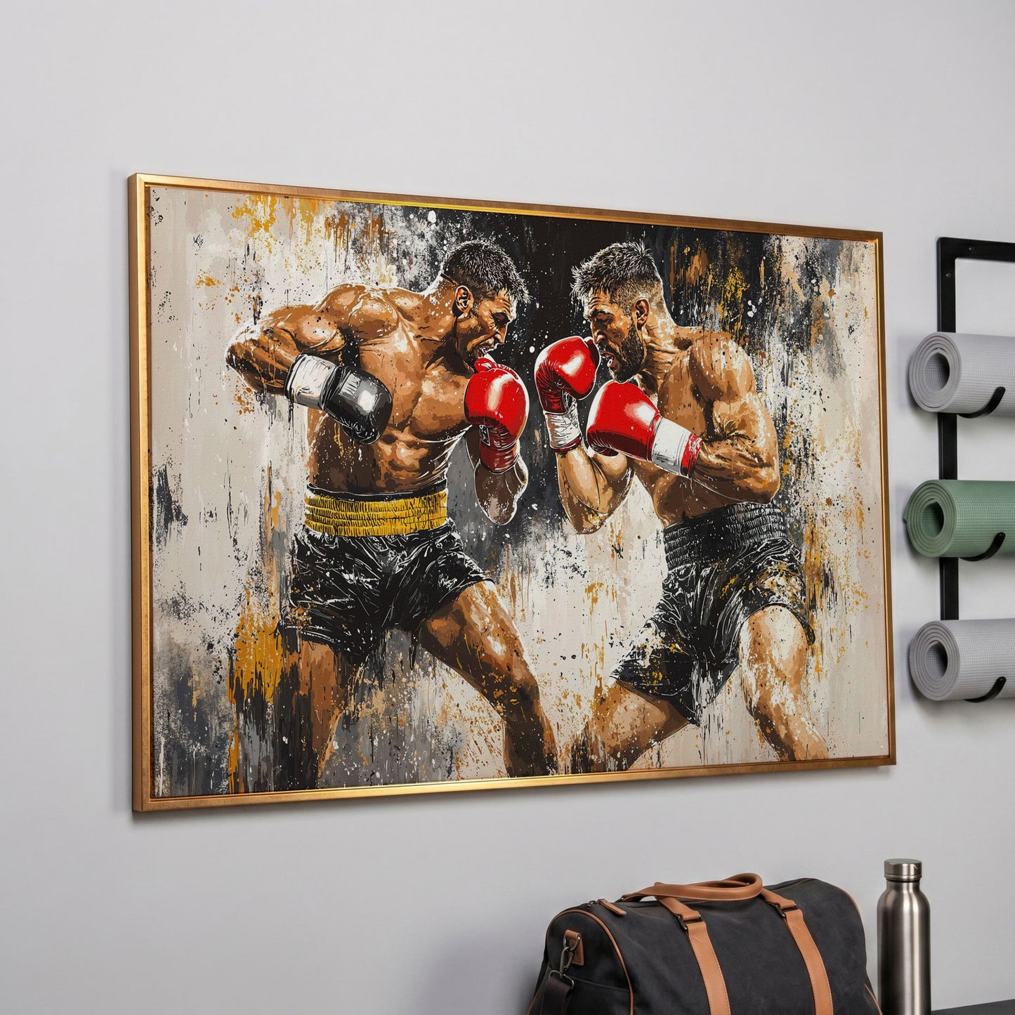 Boxing Match Canvas. Two Fighters in Dynamic Tension in rose gold floating frame