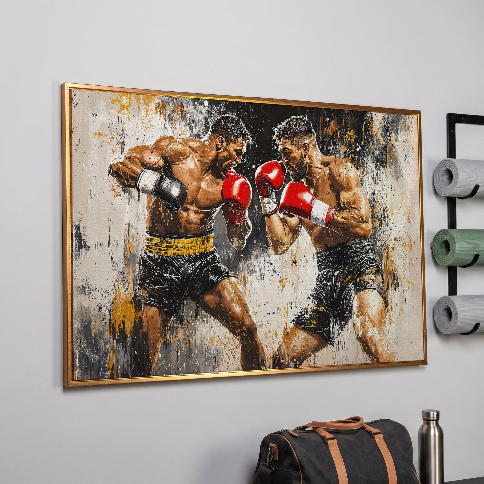 Boxing Match Canvas. Two Fighters in Dynamic Tension in rose gold floating frame