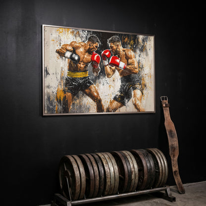 Boxing Match Canvas. Two Fighters in Dynamic Tension in silver floating frame
