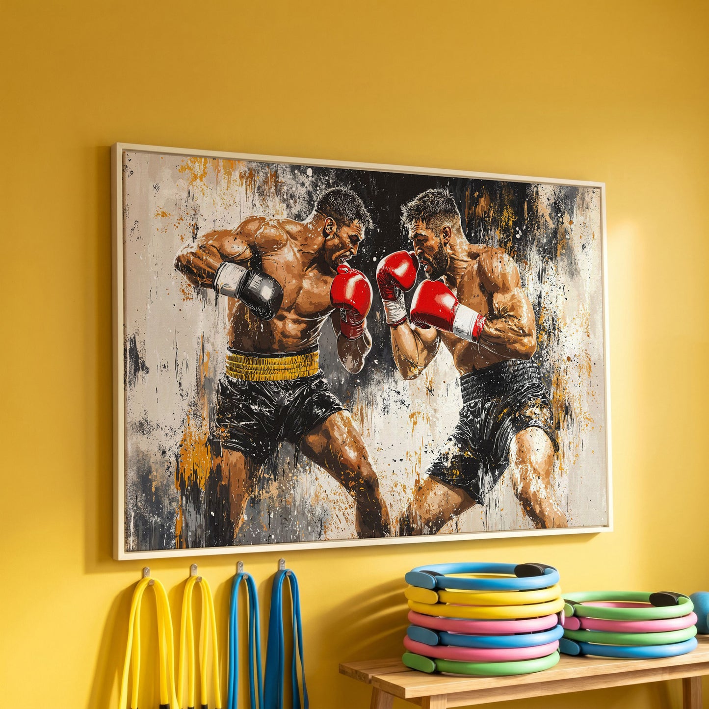 Boxing Match Canvas. Two Fighters in Dynamic Tension in white floating frame