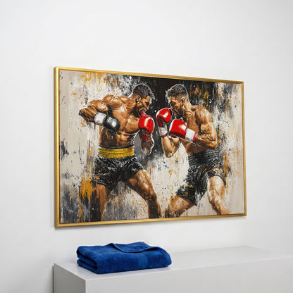 Boxing Match Canvas. Two Fighters in Dynamic Tension in yellow gold floating frame