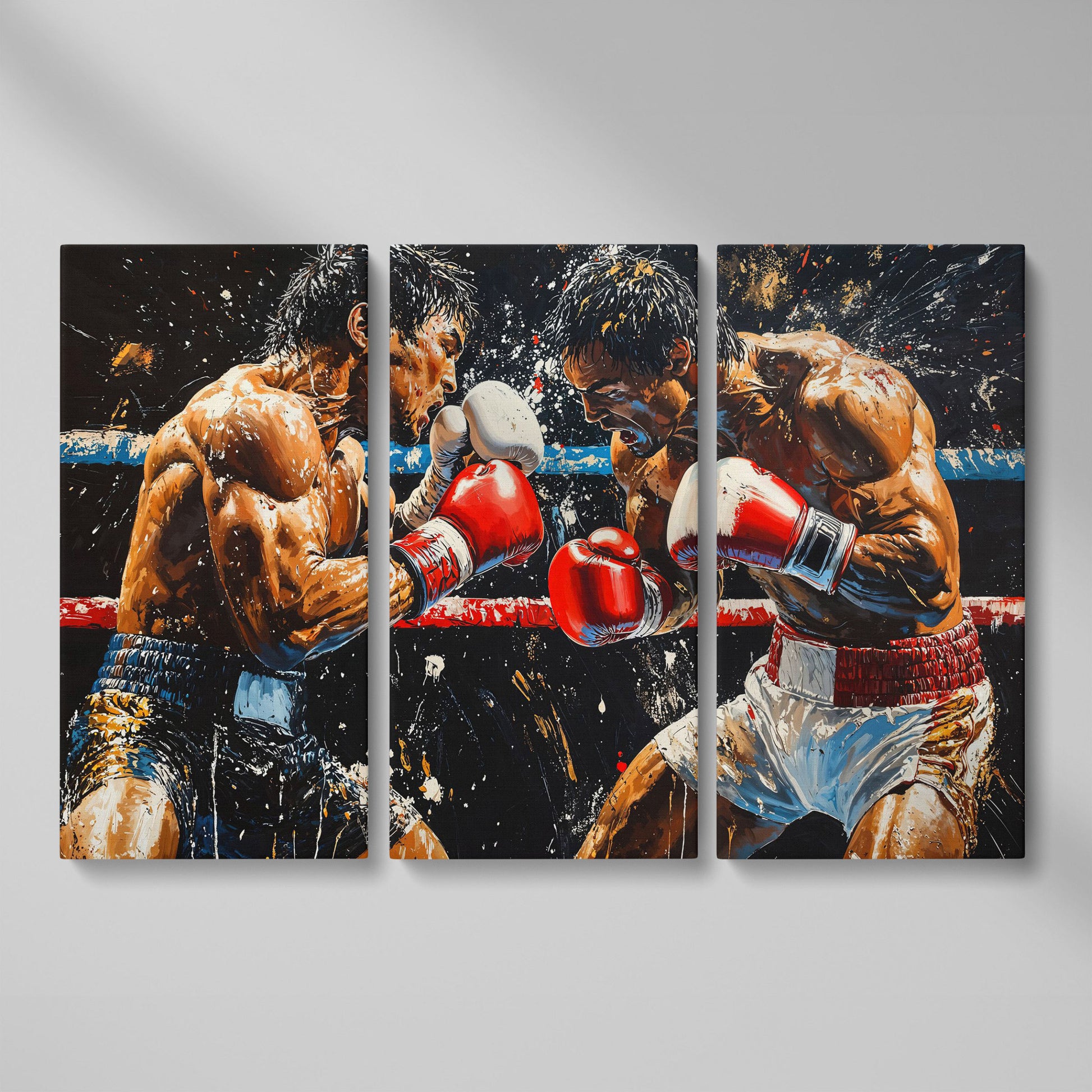 Boxing Match Canvas. Ringside Action in Red & White as 3-panel split version