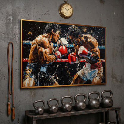 Boxing Match Canvas. Ringside Action in Red & White in antique gold floating frame