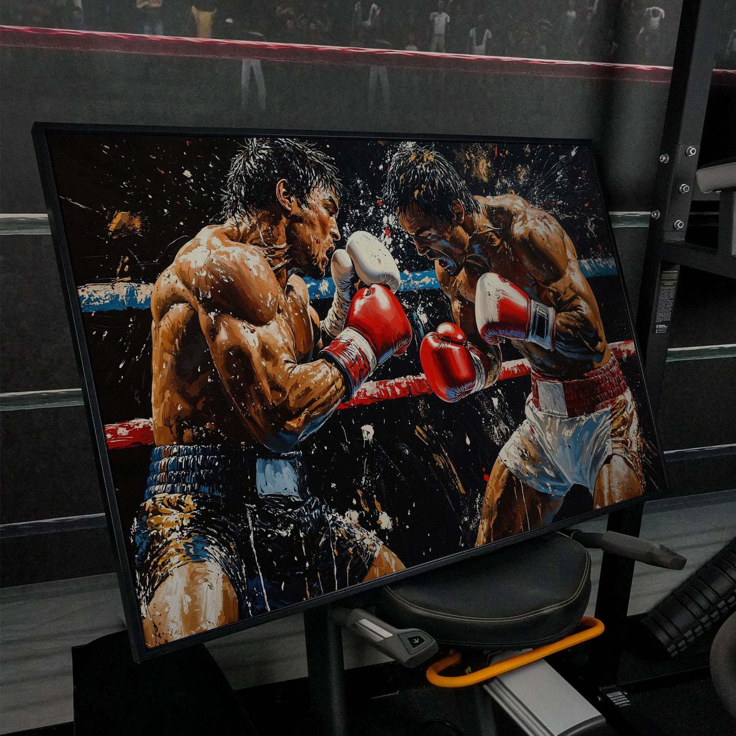 Boxing Match Canvas. Ringside Action in Red & White in black floating frame