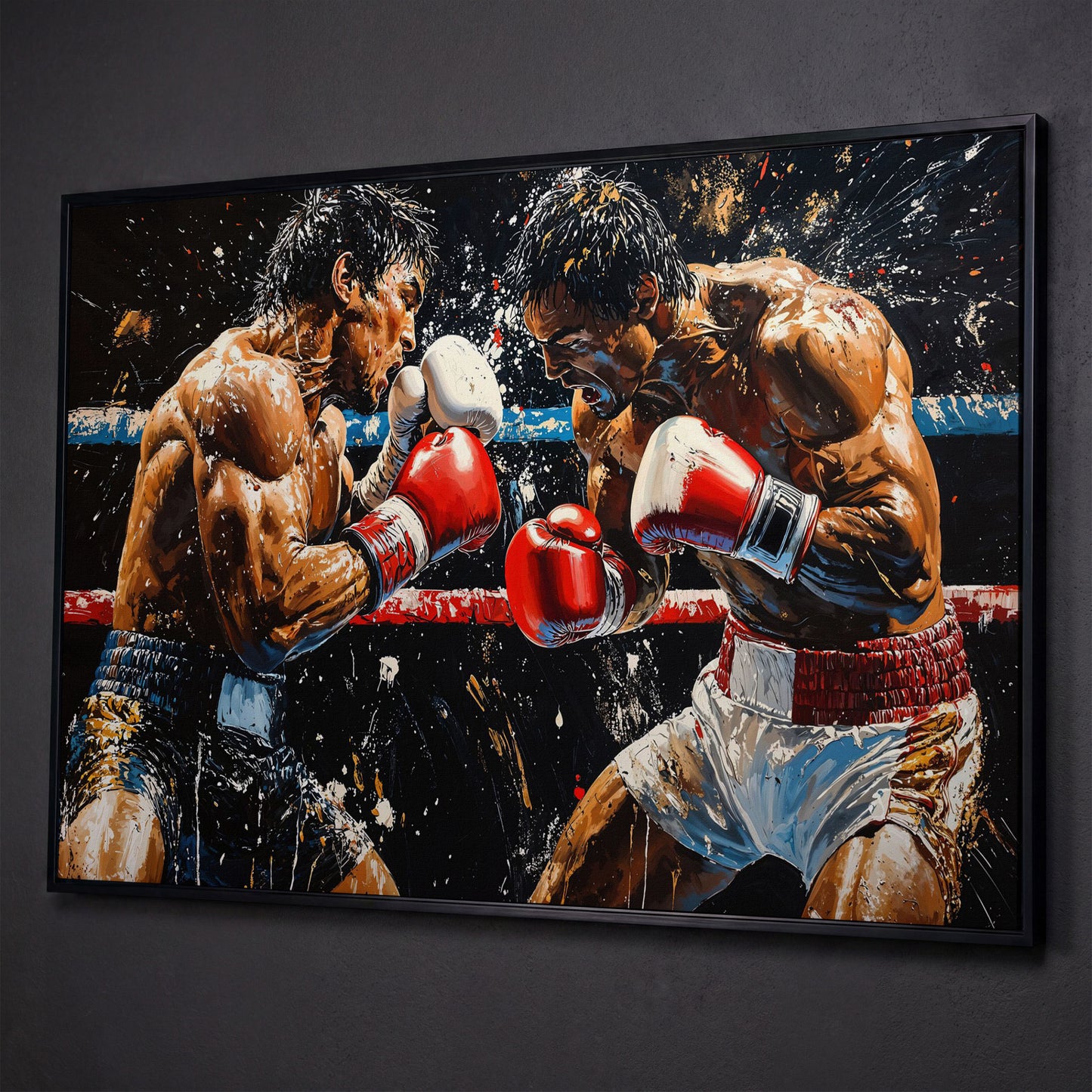 Boxing Match Canvas. Ringside Action in Red & White shown in black floating frame