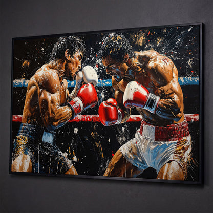 Boxing Match Canvas. Ringside Action in Red & White shown in black floating frame