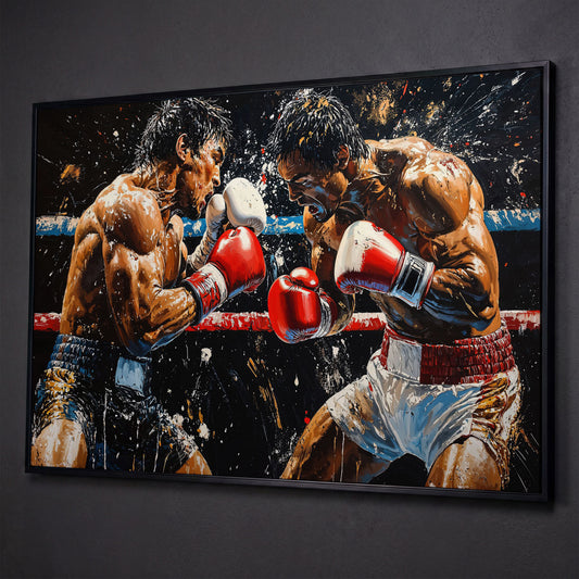 Boxing Match Canvas. Ringside Action in Red & White shown in black floating frame