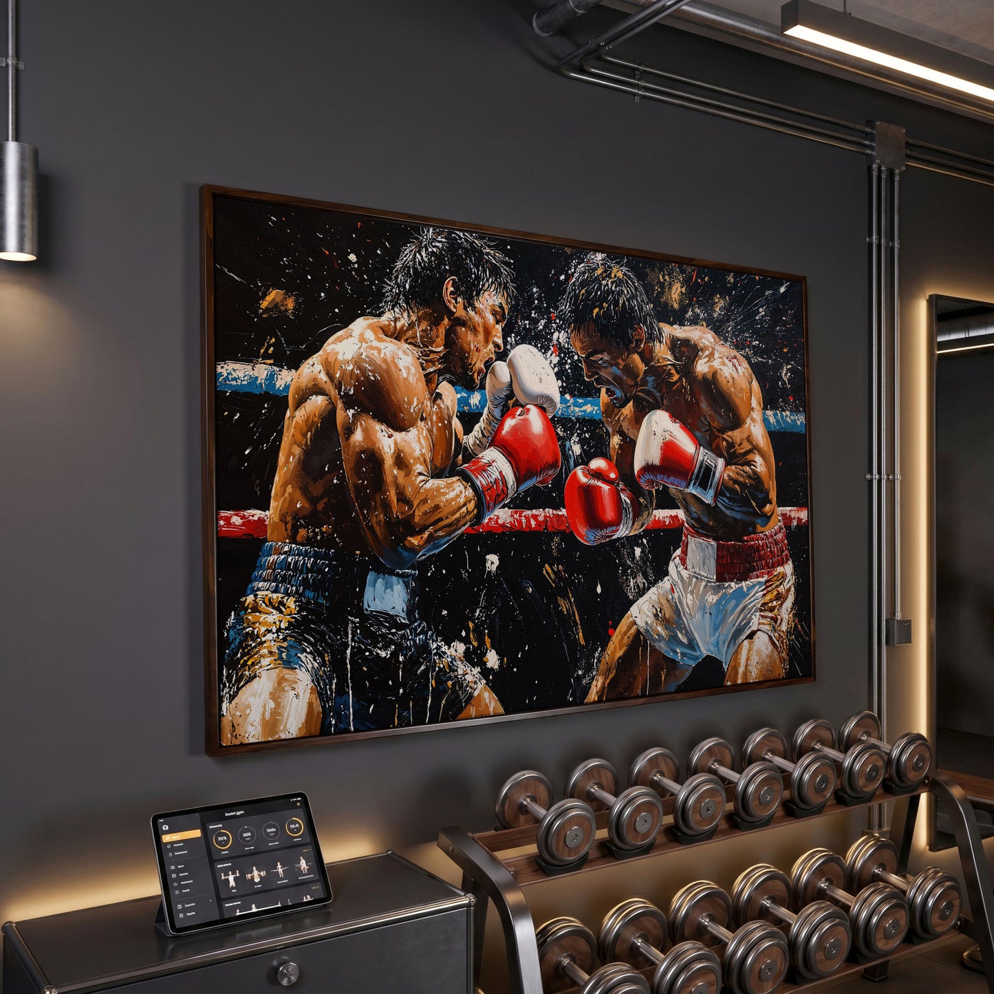 Boxing Match Canvas. Ringside Action in Red & White in dark walnut floating frame