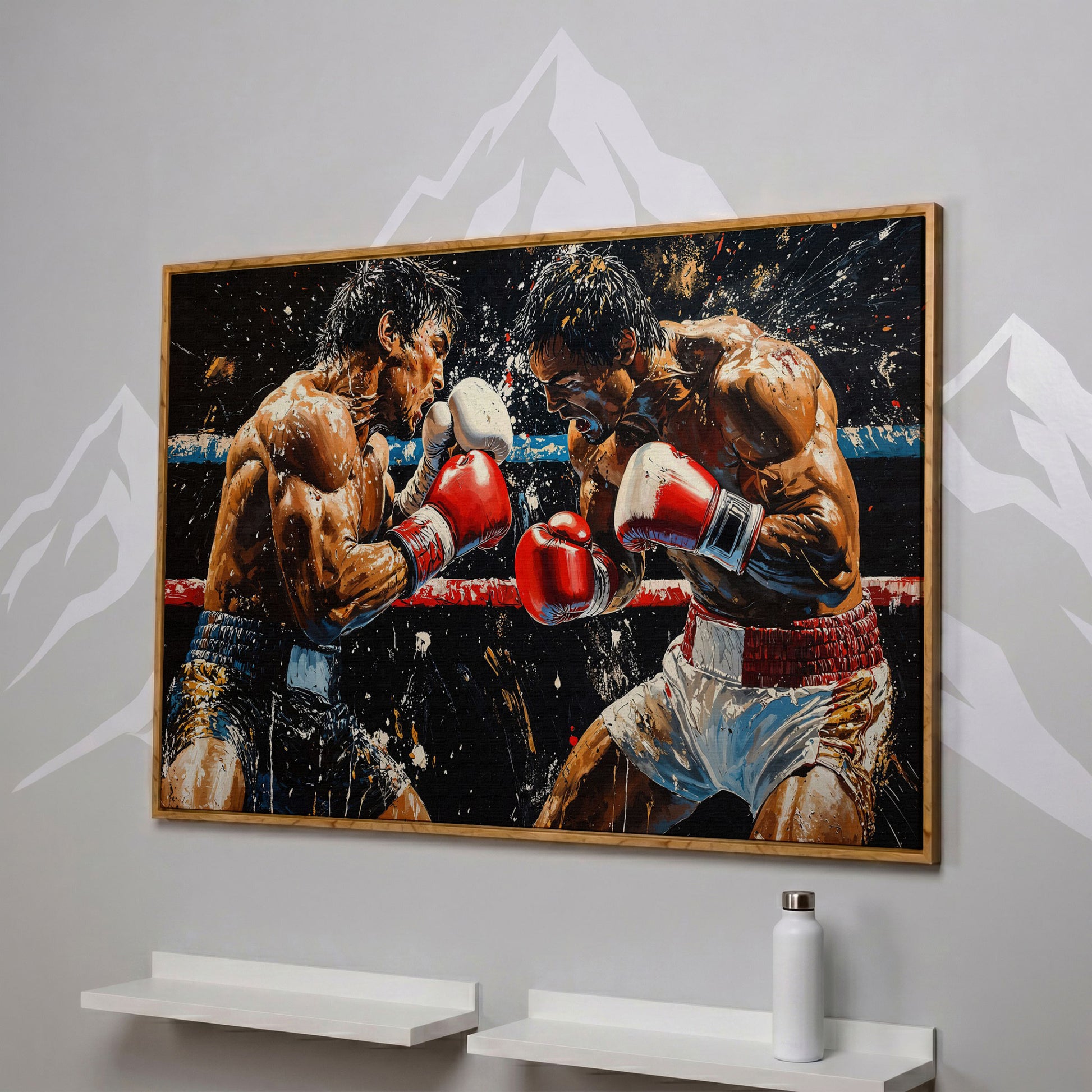 Boxing Match Canvas. Ringside Action in Red & White in white oak floating frame