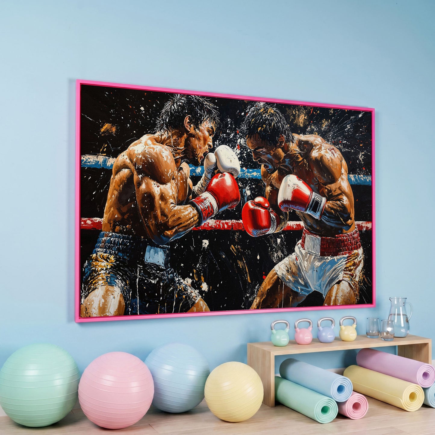 Boxing Match Canvas. Ringside Action in Red & White in pink floating frame