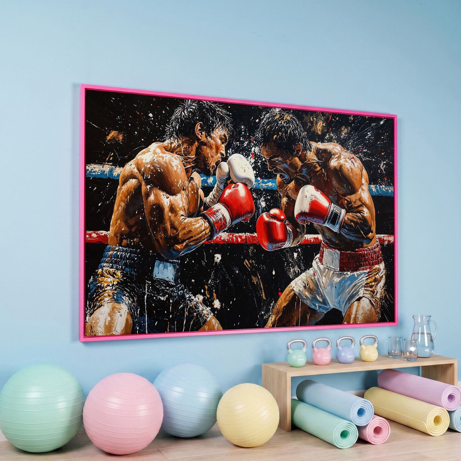Boxing Match Canvas. Ringside Action in Red & White in pink floating frame