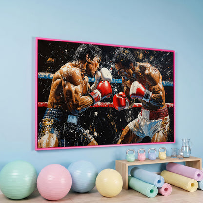 Boxing Match Canvas. Ringside Action in Red & White in pink floating frame