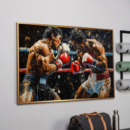 Boxing Match Canvas. Ringside Action in Red & White in rose gold floating frame