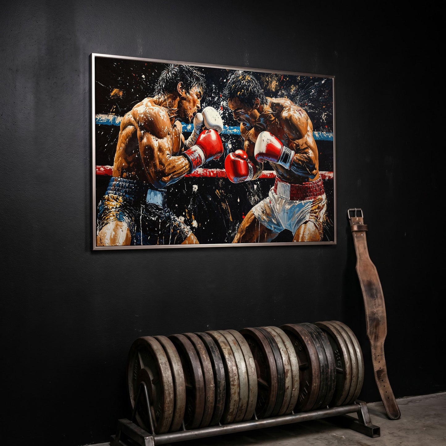 Boxing Match Canvas. Ringside Action in Red & White in silver floating frame