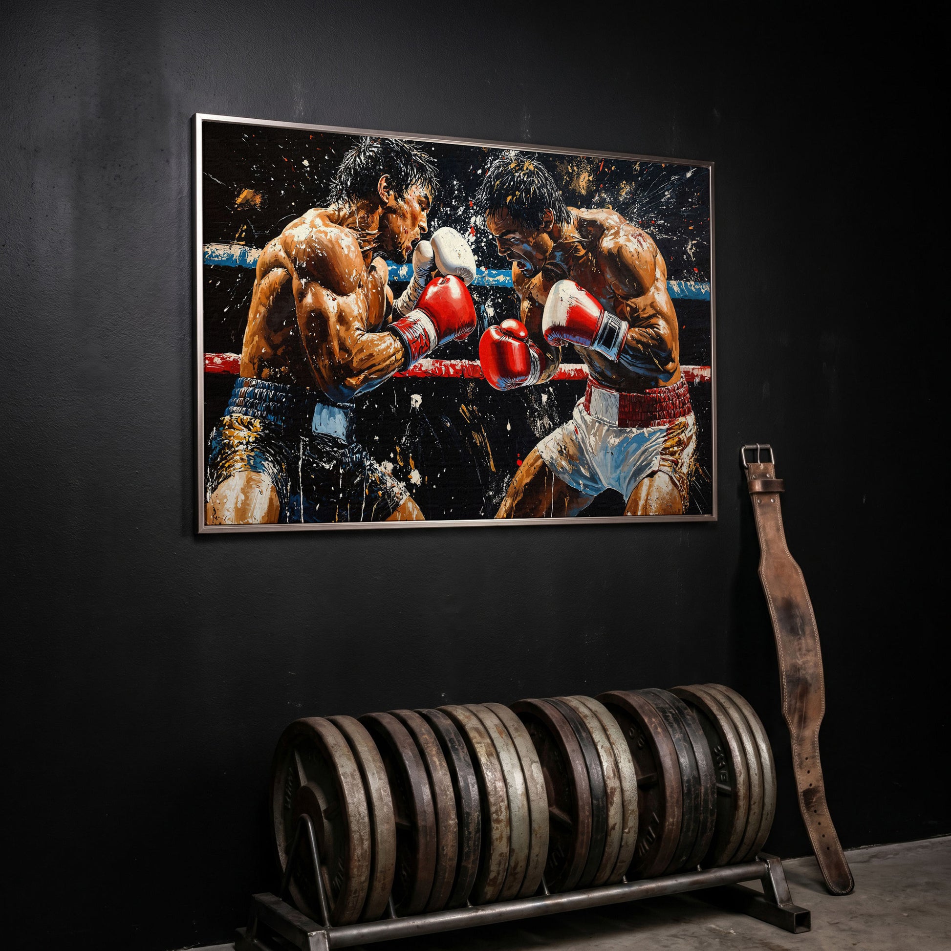 Boxing Match Canvas. Ringside Action in Red & White in silver floating frame