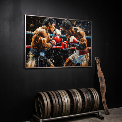 Boxing Match Canvas. Ringside Action in Red & White in silver floating frame