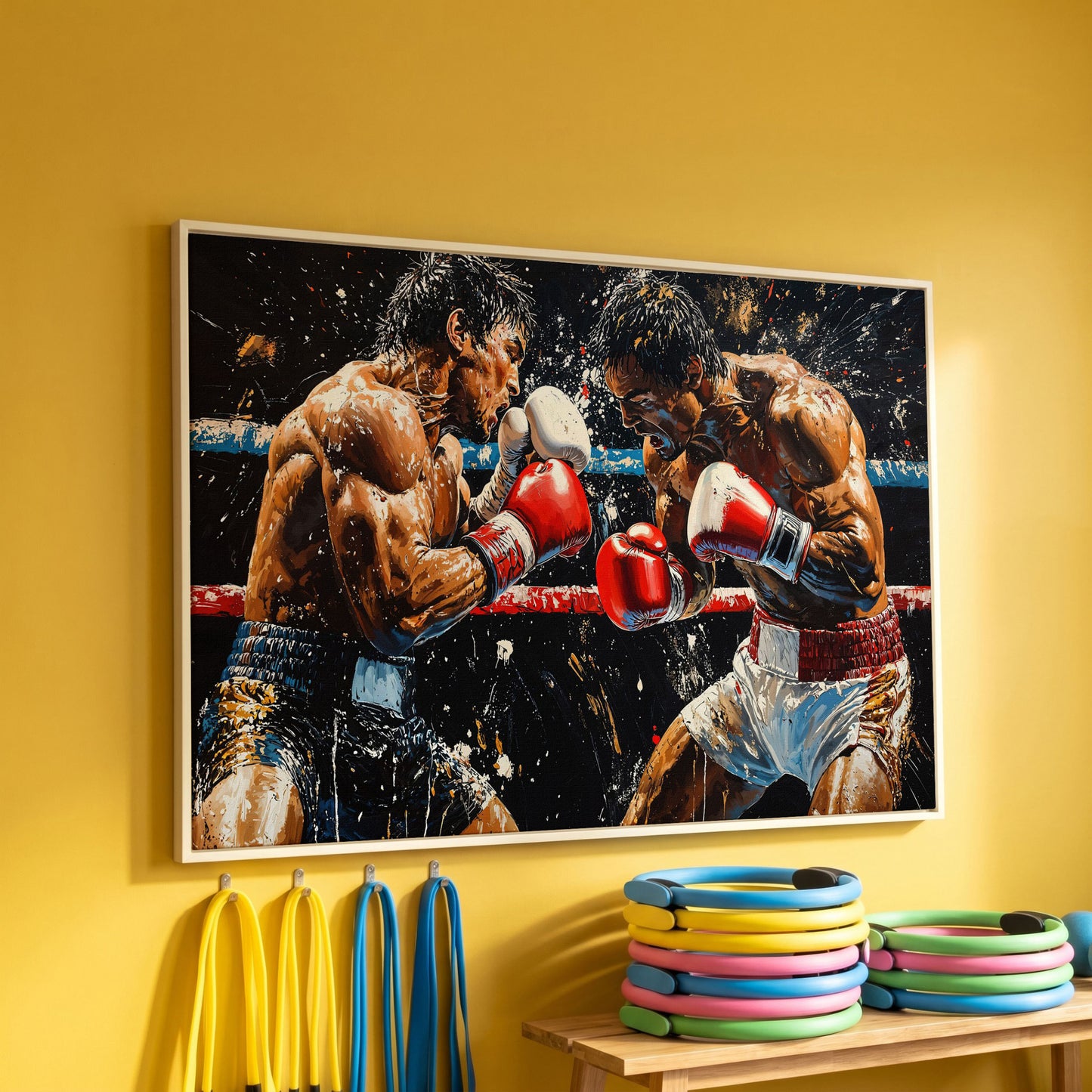 Boxing Match Canvas. Ringside Action in Red & White in white floating frame