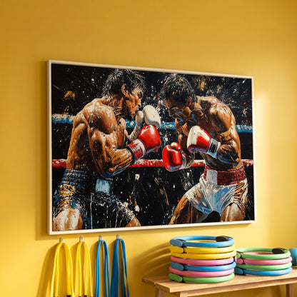Boxing Match Canvas. Ringside Action in Red & White in white floating frame