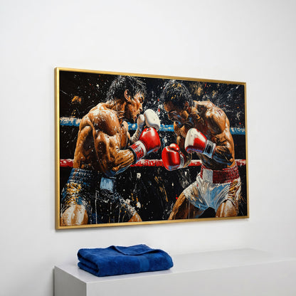 Boxing Match Canvas. Ringside Action in Red & White in yellow gold floating frame