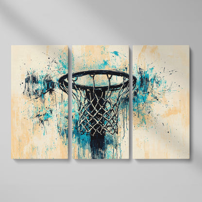 Basketball Hoop Abstract Canvas in Teal & Cream as 3-panel split version