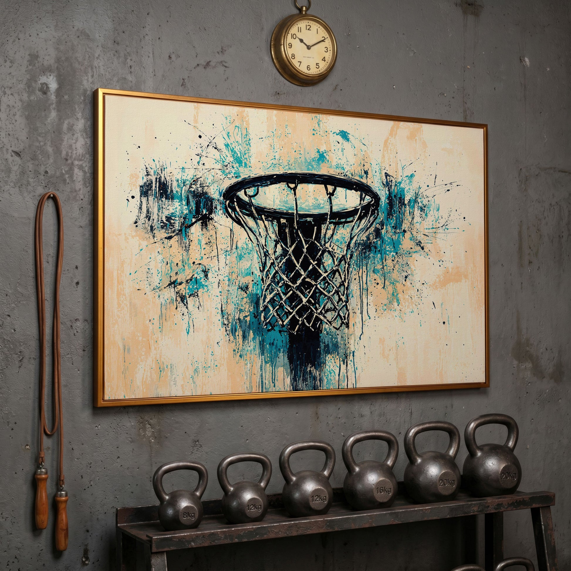 Basketball Hoop Abstract Canvas in Teal & Cream in antique gold floating frame
