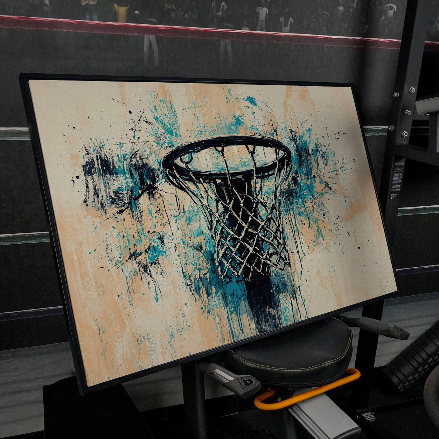 Basketball Hoop Abstract Canvas in Teal & Cream in black floating frame