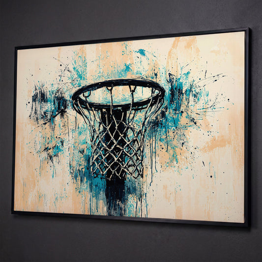 Basketball Hoop Abstract Canvas in Teal & Cream shown in black floating frame