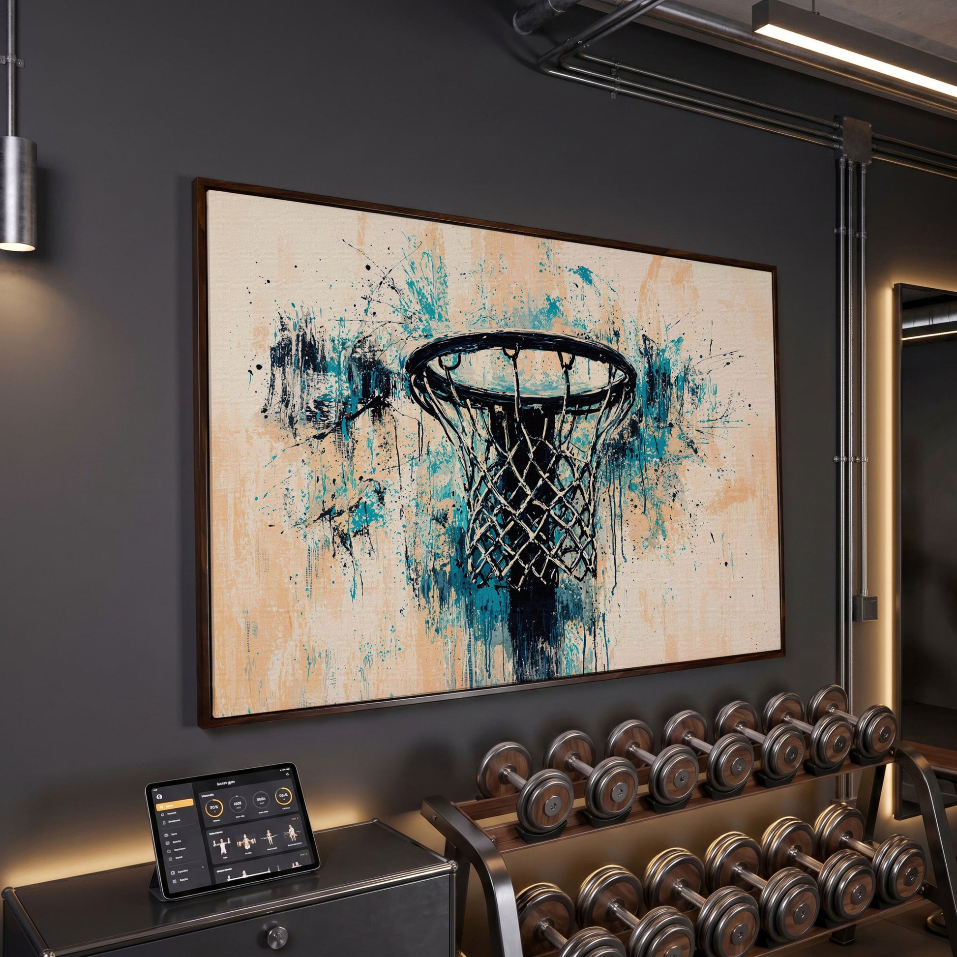 Basketball Hoop Abstract Canvas in Teal & Cream in dark walnut floating frame