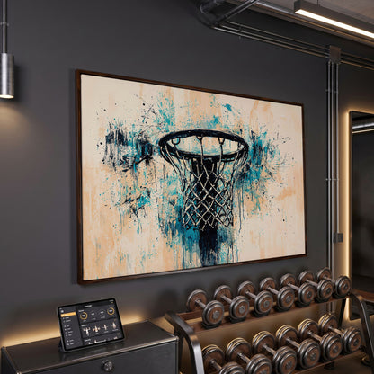 Basketball Hoop Abstract Canvas in Teal & Cream in dark walnut floating frame