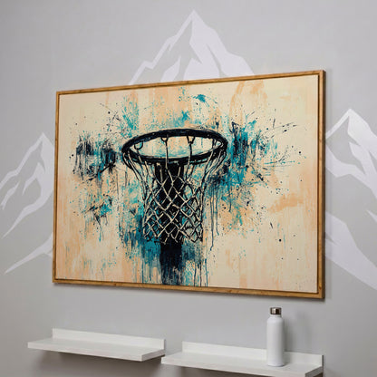 Basketball Hoop Abstract Canvas in Teal & Cream in white oak floating frame