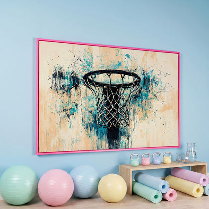 Basketball Hoop Abstract Canvas in Teal & Cream in pink floating frame