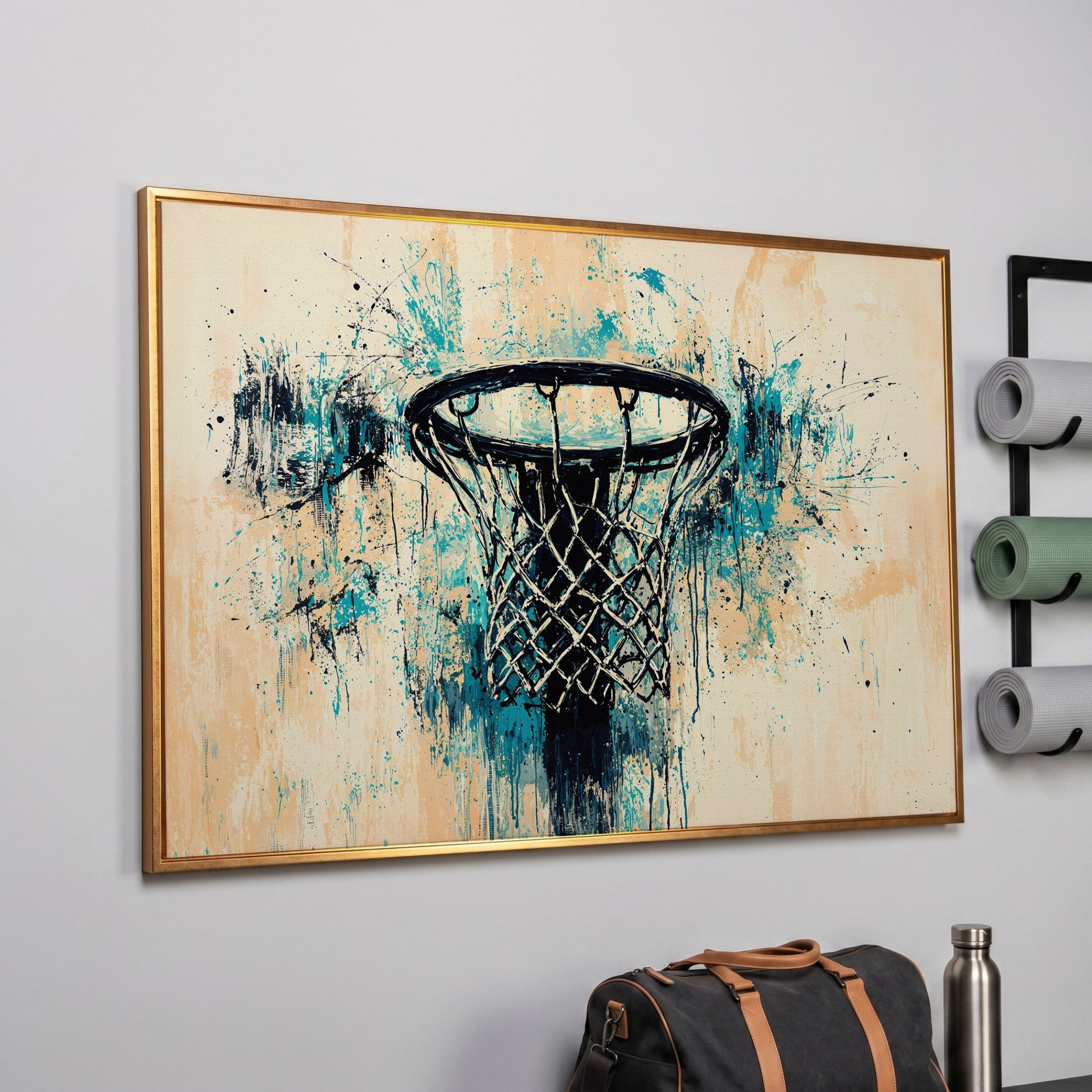 Basketball Hoop Abstract Canvas in Teal & Cream in rose gold floating frame