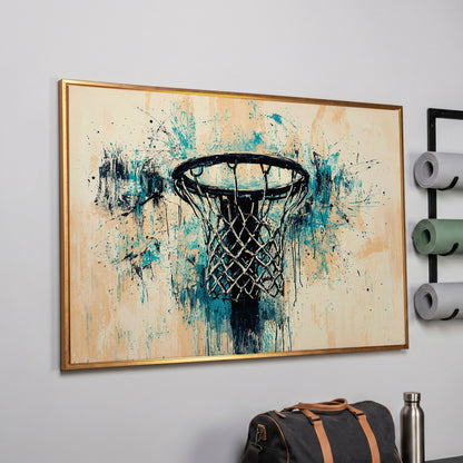 Basketball Hoop Abstract Canvas in Teal & Cream in rose gold floating frame