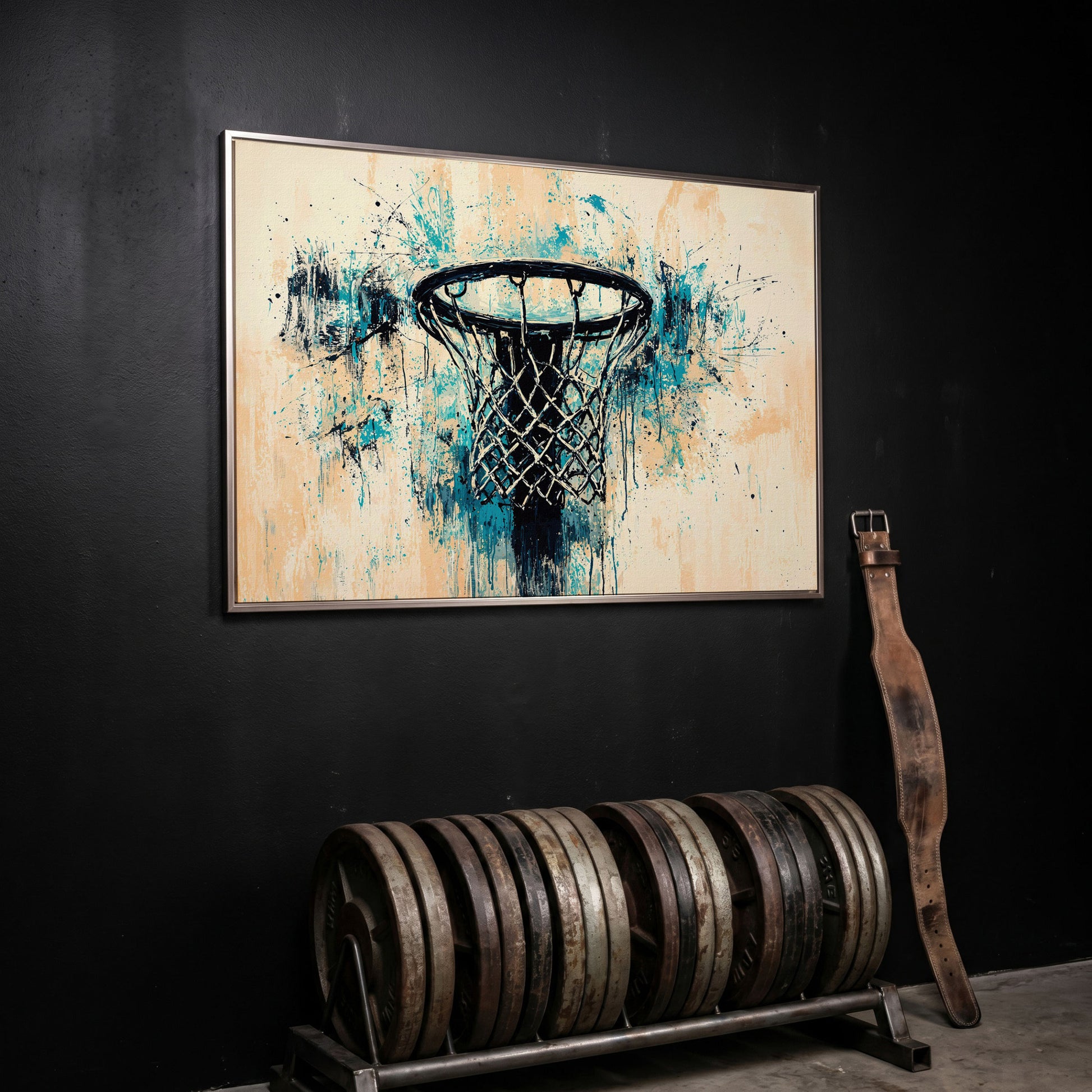 Basketball Hoop Abstract Canvas in Teal & Cream in silver floating frame